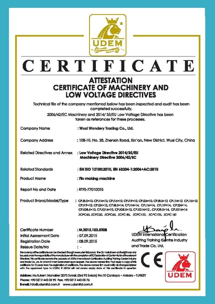 LA CHINE Wuxi Wondery Industry Equipment Co., Ltd certifications