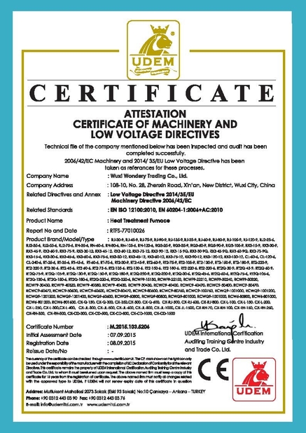LA CHINE Wuxi Wondery Industry Equipment Co., Ltd certifications